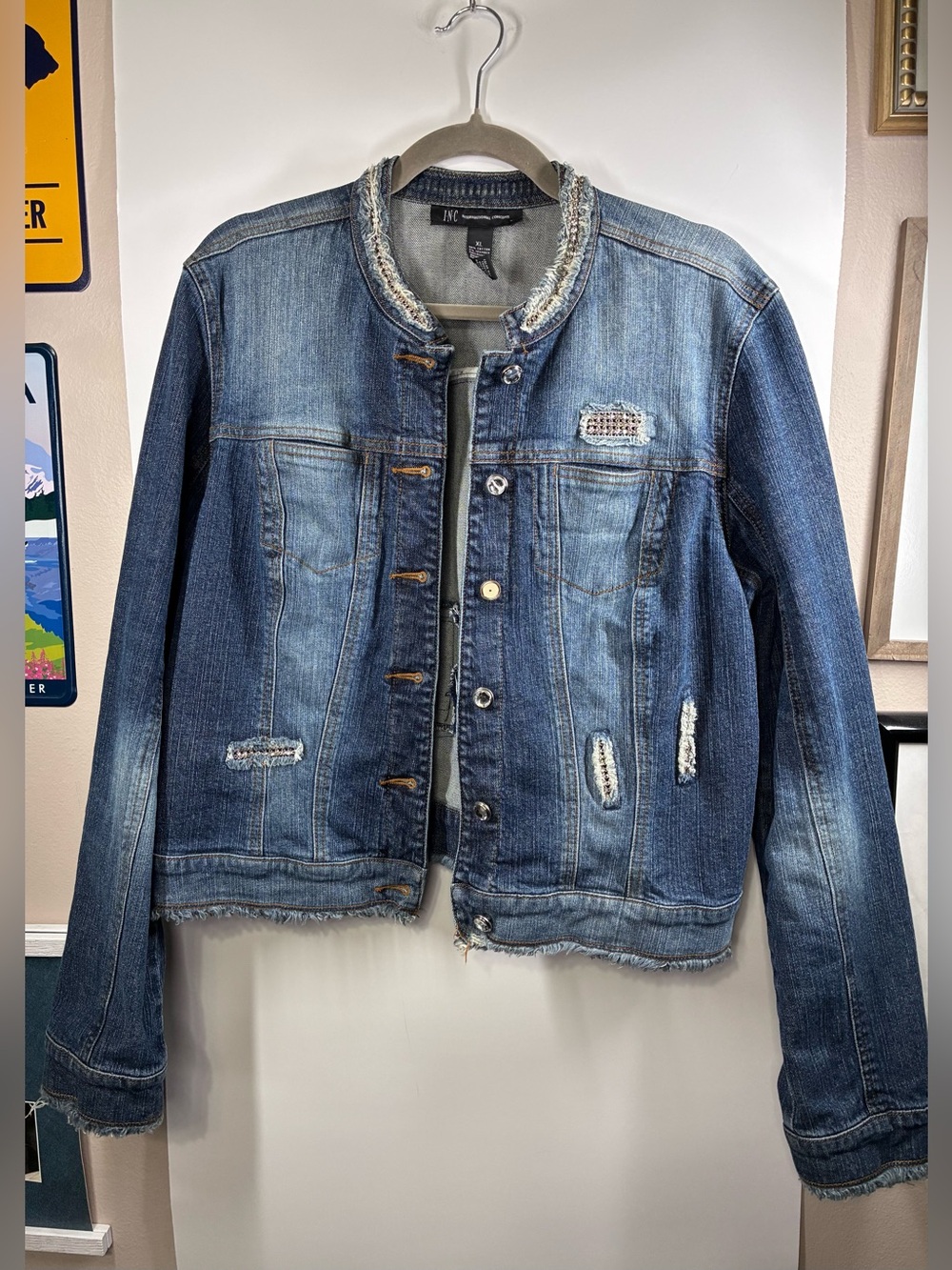 INC International Concepts XL Embellished Distressed Denim Jacket Rhinestone